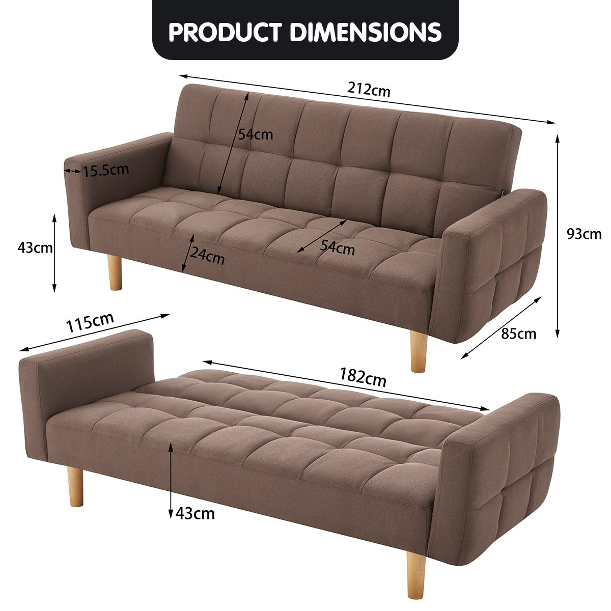 Sarantino 3-Seater Fabric Sofa Bed Futon - Brown - Cosy Abode