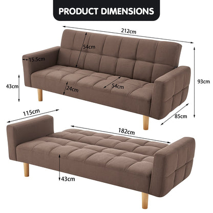 Sarantino 3-Seater Fabric Sofa Bed Futon - Brown - Cosy Abode
