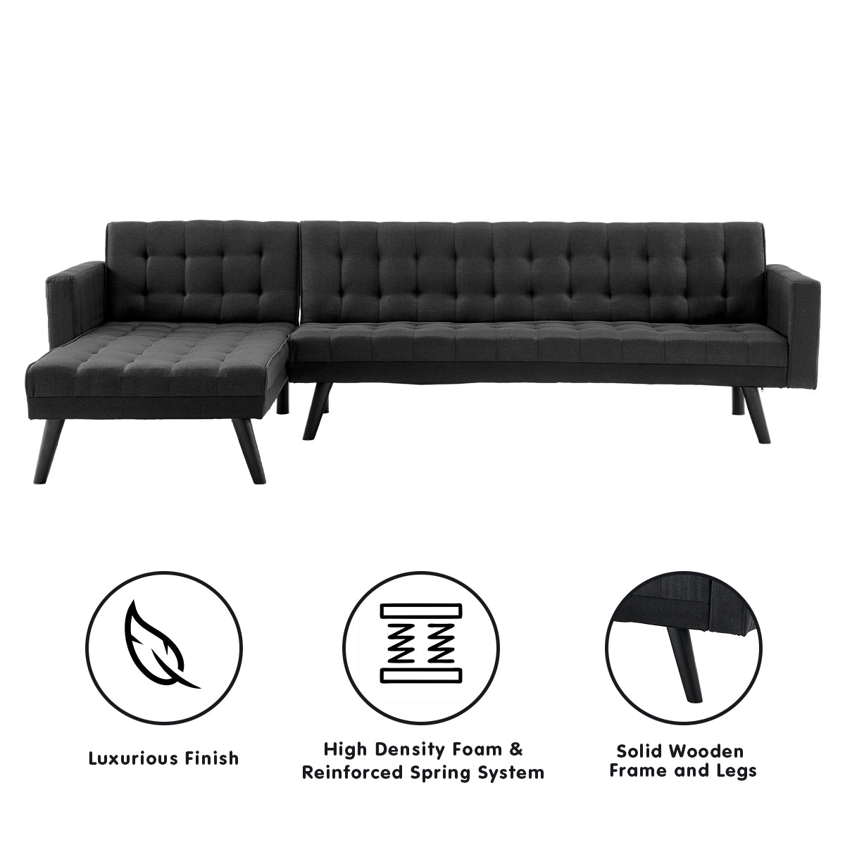 Sarantino 3-Seater Corner Wooden Sofa Bed Lounge Chaise Sofa Black - Cosy Abode