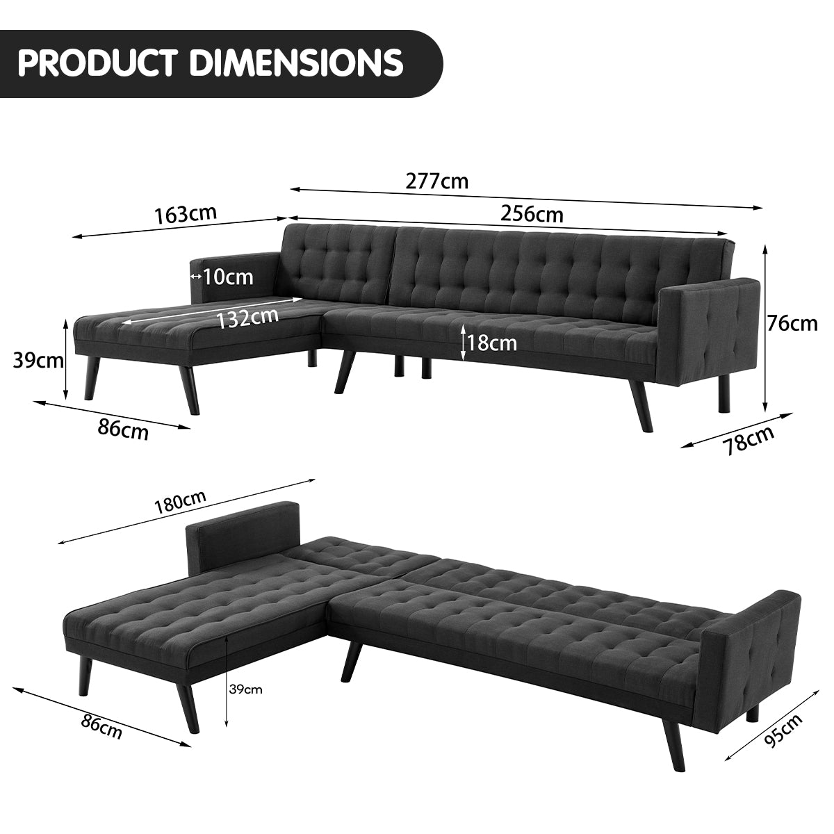 Sarantino 3-Seater Corner Wooden Sofa Bed Lounge Chaise Sofa Black - Cosy Abode