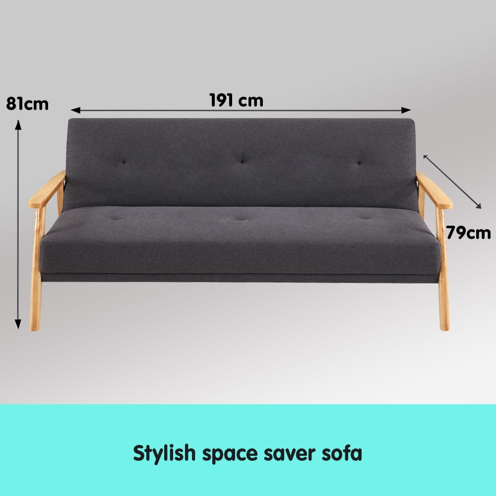 Sarantino 3 Seater Linen Fabric Wood Sofa Bed Lounge Couch Dark Grey - Cosy Abode
