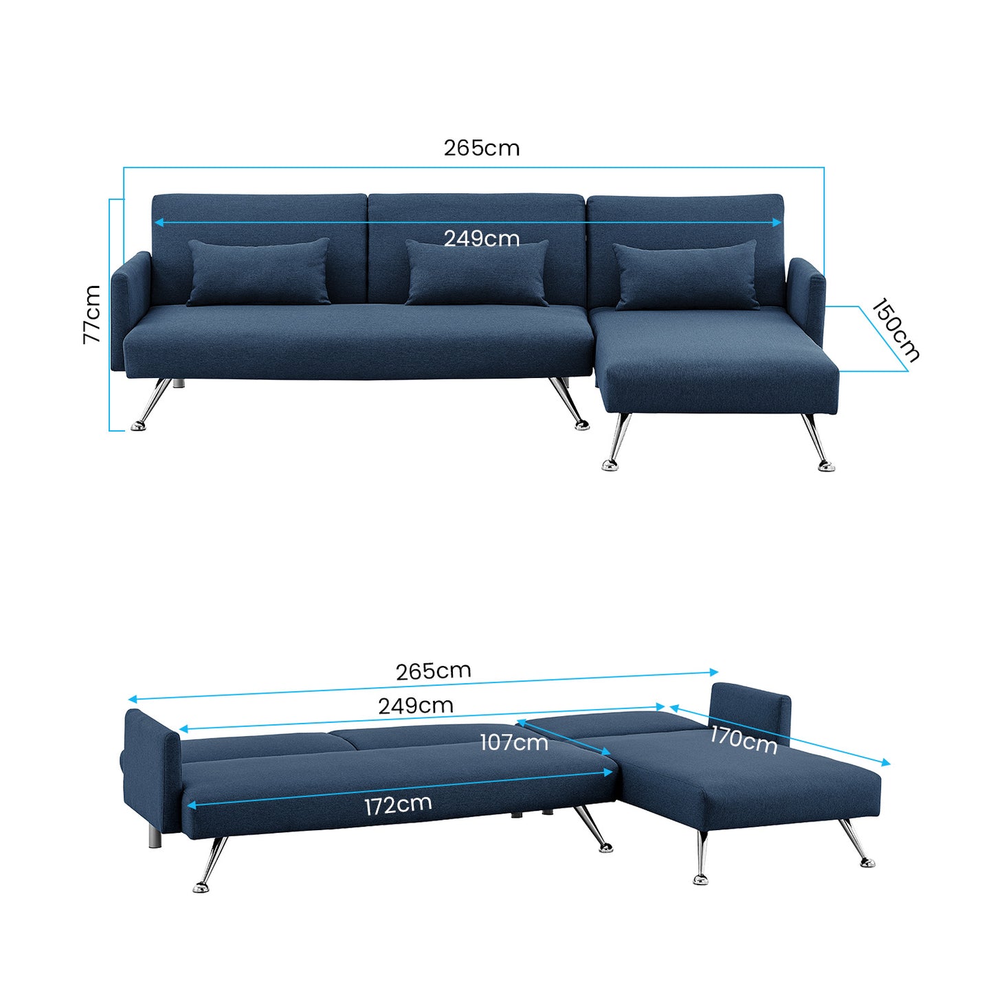 Sarantino Mia 3-Seater Sofa Bed with Chaise & 3 Pillows - Blue - Cosy Abode