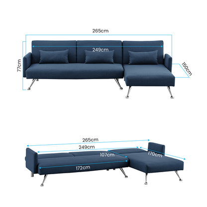 Sarantino Mia 3-Seater Sofa Bed with Chaise & 3 Pillows - Blue - Cosy Abode
