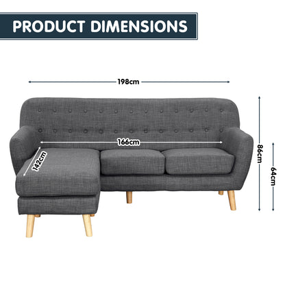 Sarantino Linen Corner Wooden Sofa Couch Lounge L-shaped with Chaise - Dark Grey - Cosy Abode