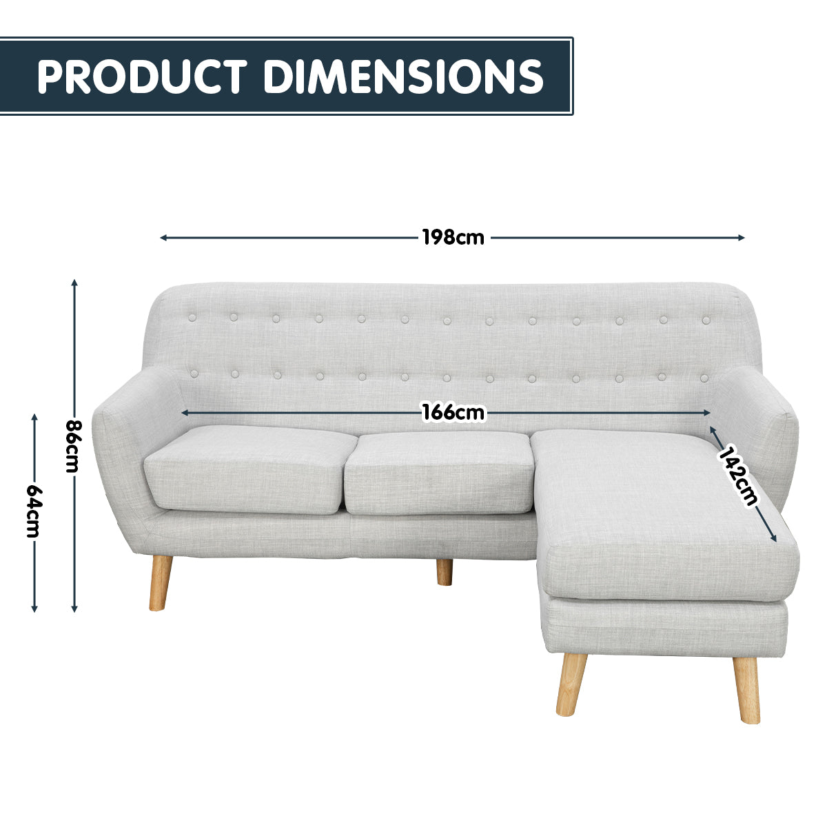 Sarantino Linen Corner Wooden Sofa Lounge L-shaped with Left Chaise Light Grey - Cosy Abode