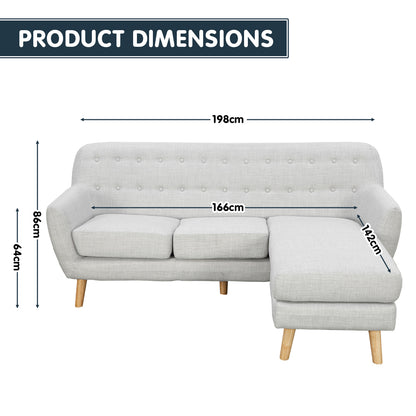 Sarantino Linen Corner Wooden Sofa Lounge L-shaped with Left Chaise Light Grey - Cosy Abode