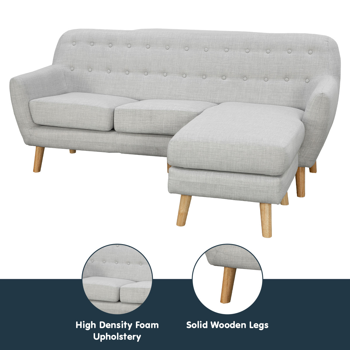 Sarantino Linen Corner Wooden Sofa Lounge L-shaped with Left Chaise Light Grey - Cosy Abode