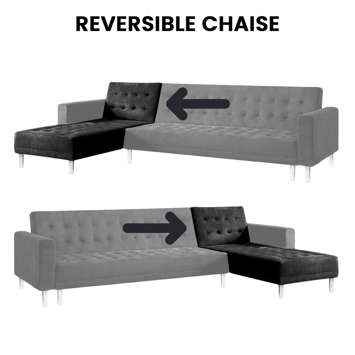 Sarantino Faux Velveteen Corner Wooden Sofa Bed Couch with Chaise Black - Cosy Abode