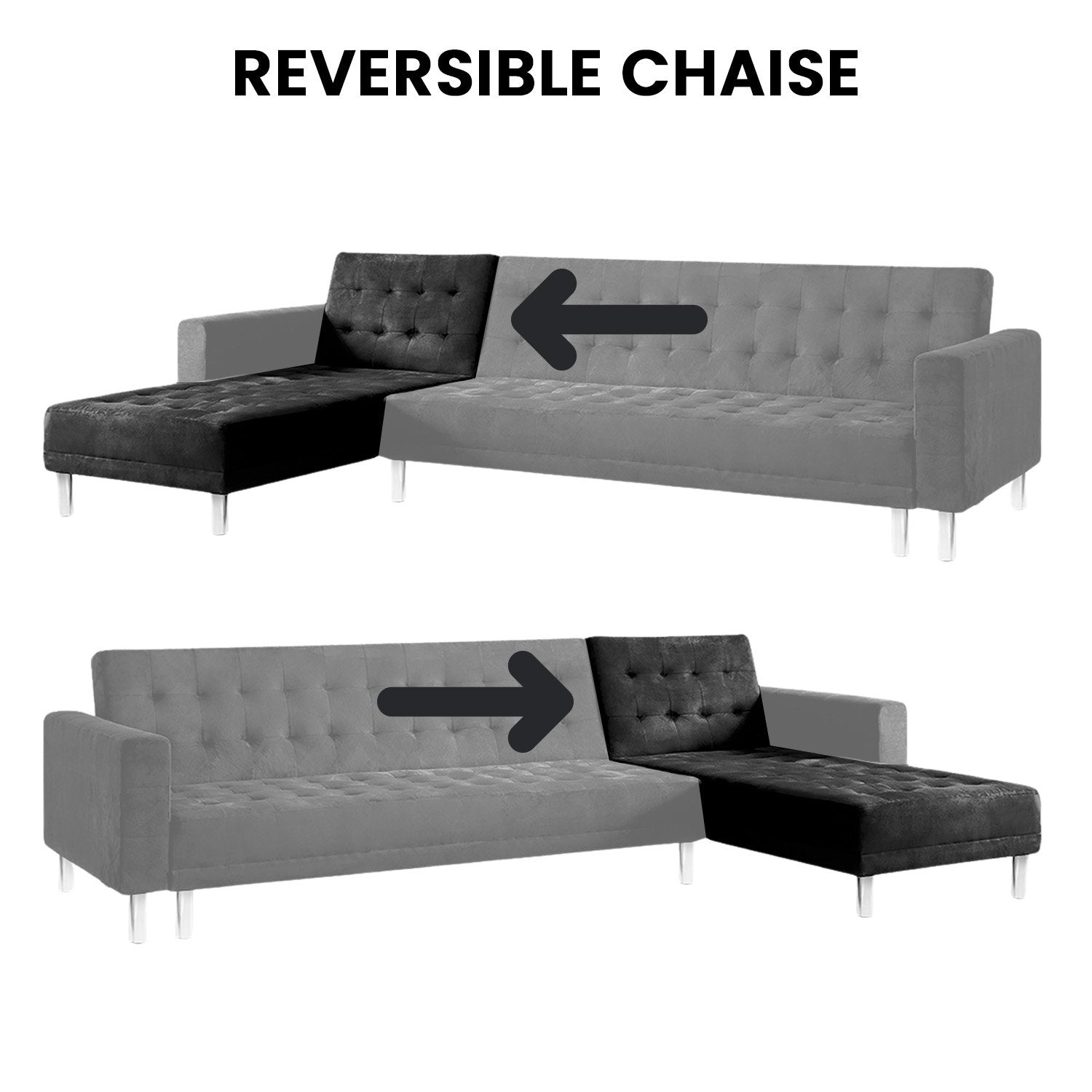 Sarantino Faux Velveteen Corner Wooden Sofa Bed Couch with Chaise Black - Cosy Abode