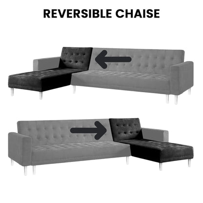 Sarantino Faux Velveteen Corner Wooden Sofa Bed Couch with Chaise Black - Cosy Abode