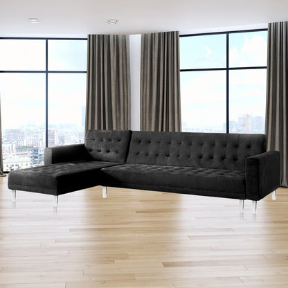 Sarantino Faux Velveteen Corner Wooden Sofa Bed Couch with Chaise Black - Cosy Abode