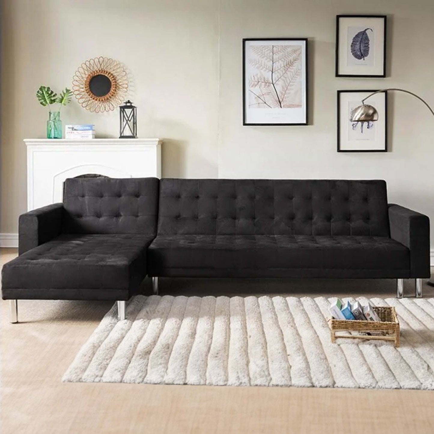 Sarantino Faux Velveteen Corner Wooden Sofa Bed Couch with Chaise Black - Cosy Abode