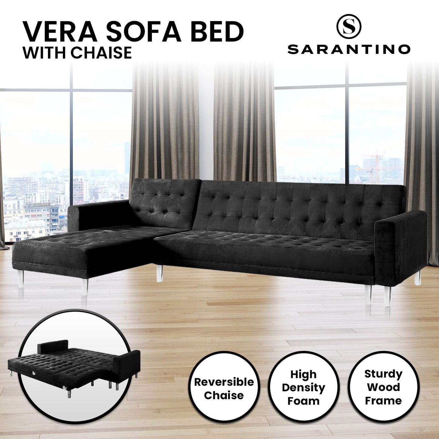 Sarantino Faux Velveteen Corner Wooden Sofa Bed Couch with Chaise Black - Cosy Abode