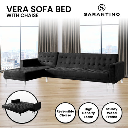 Sarantino Faux Velveteen Corner Wooden Sofa Bed Couch with Chaise Black - Cosy Abode