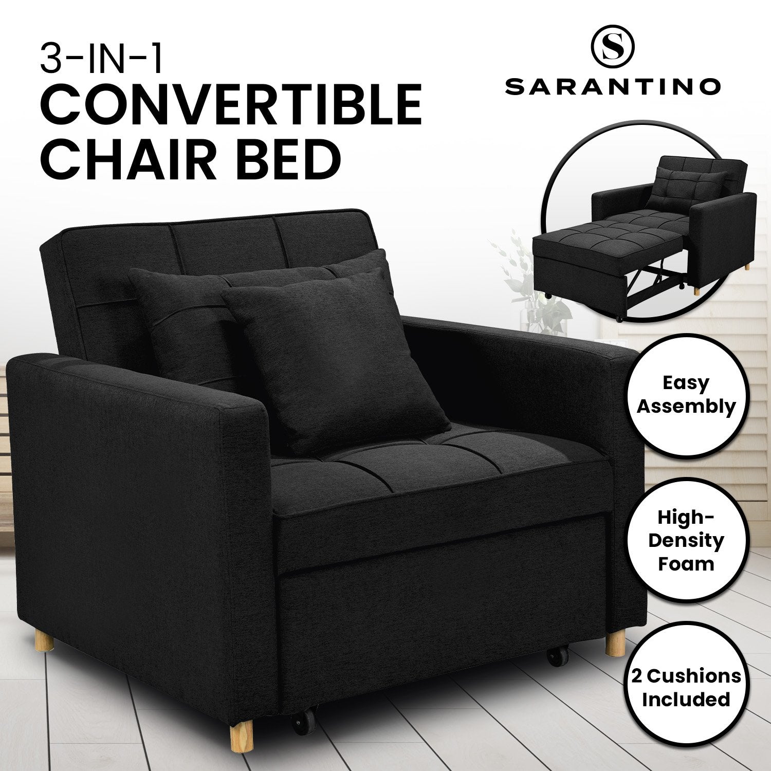 Sarantino Suri 3-in-1 Convertible Lounge Chair Bed - Black - Cosy Abode