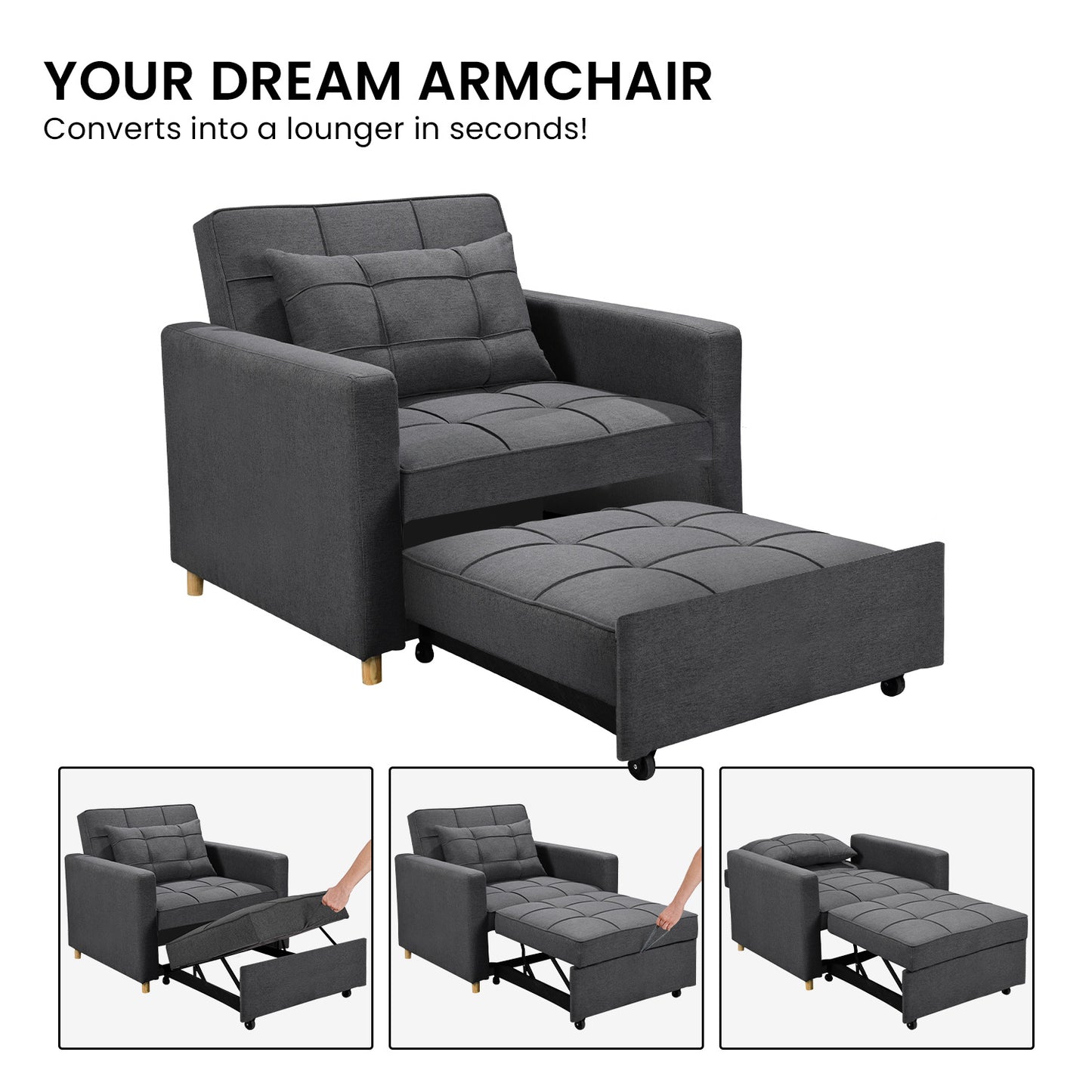 Sarantino Suri 3-in-1 Convertible Lounge Chair Bed - Dark Grey - Cosy Abode