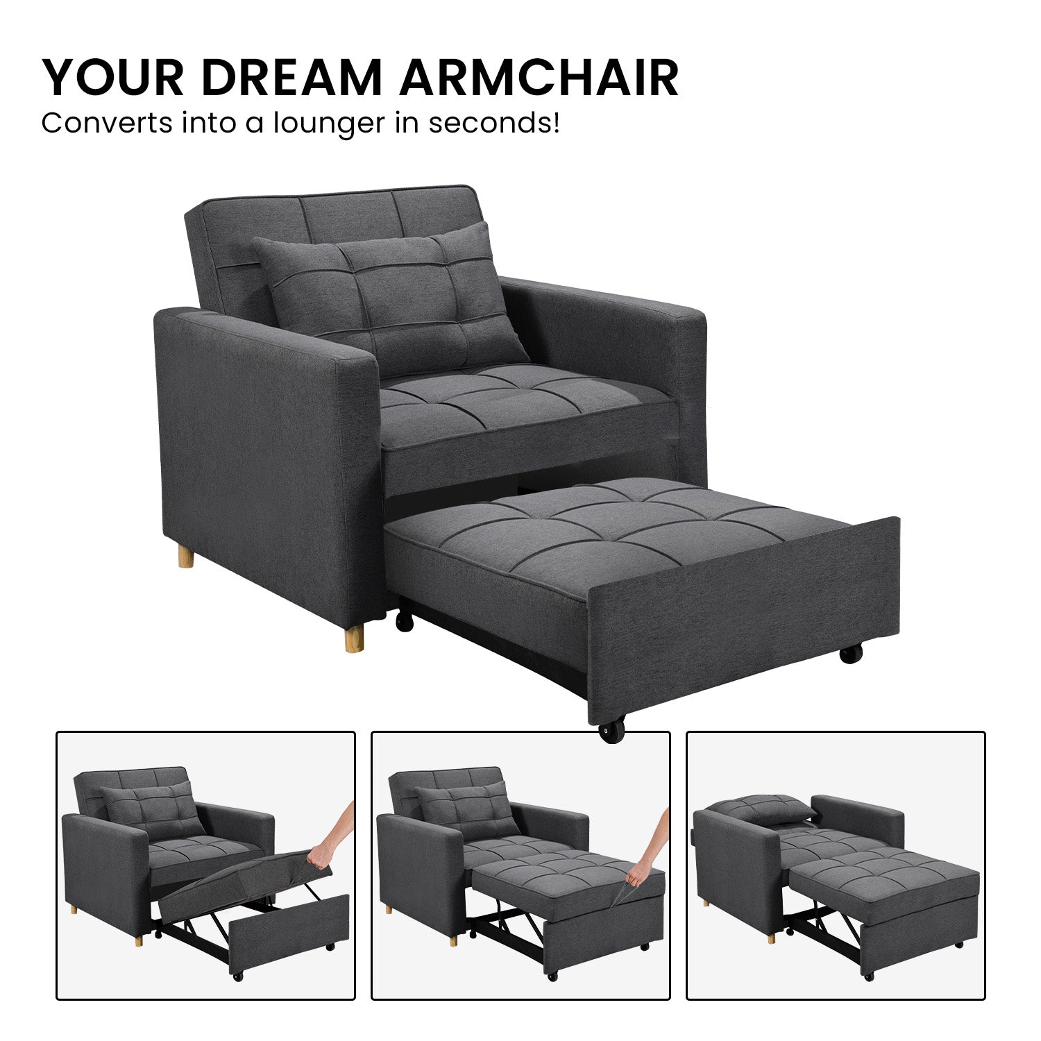 Sarantino Suri 3-in-1 Convertible Lounge Chair Bed - Dark Grey - Cosy Abode