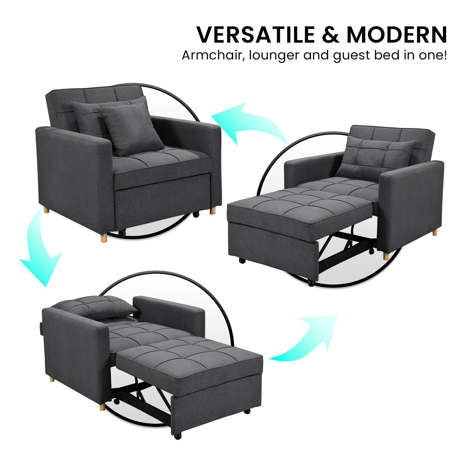 Sarantino Suri 3-in-1 Convertible Lounge Chair Bed - Dark Grey - Cosy Abode