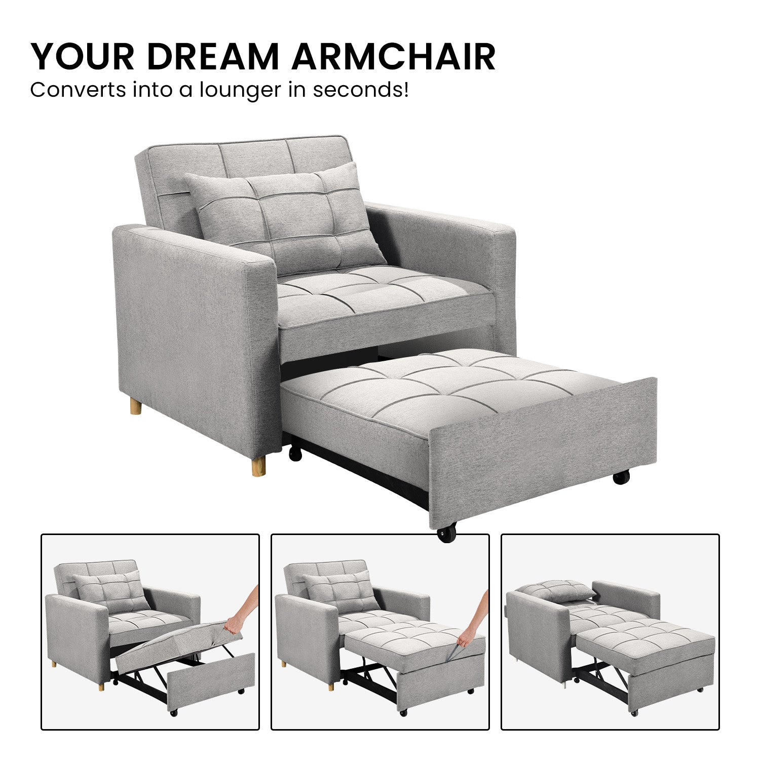Sarantino Suri 3-in-1 Convertible Sofa Chair Bed Lounger - Light Grey - Cosy Abode