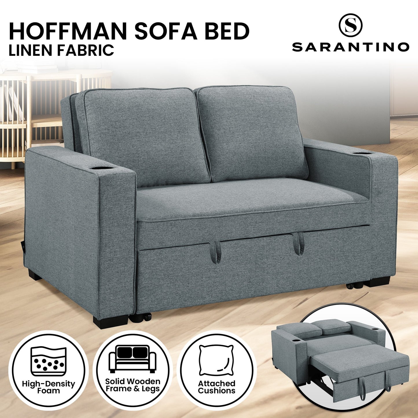 Sarantino Hoffman Linen Sofa Bed With Cushions & Cup Holders Dark Grey - Cosy Abode