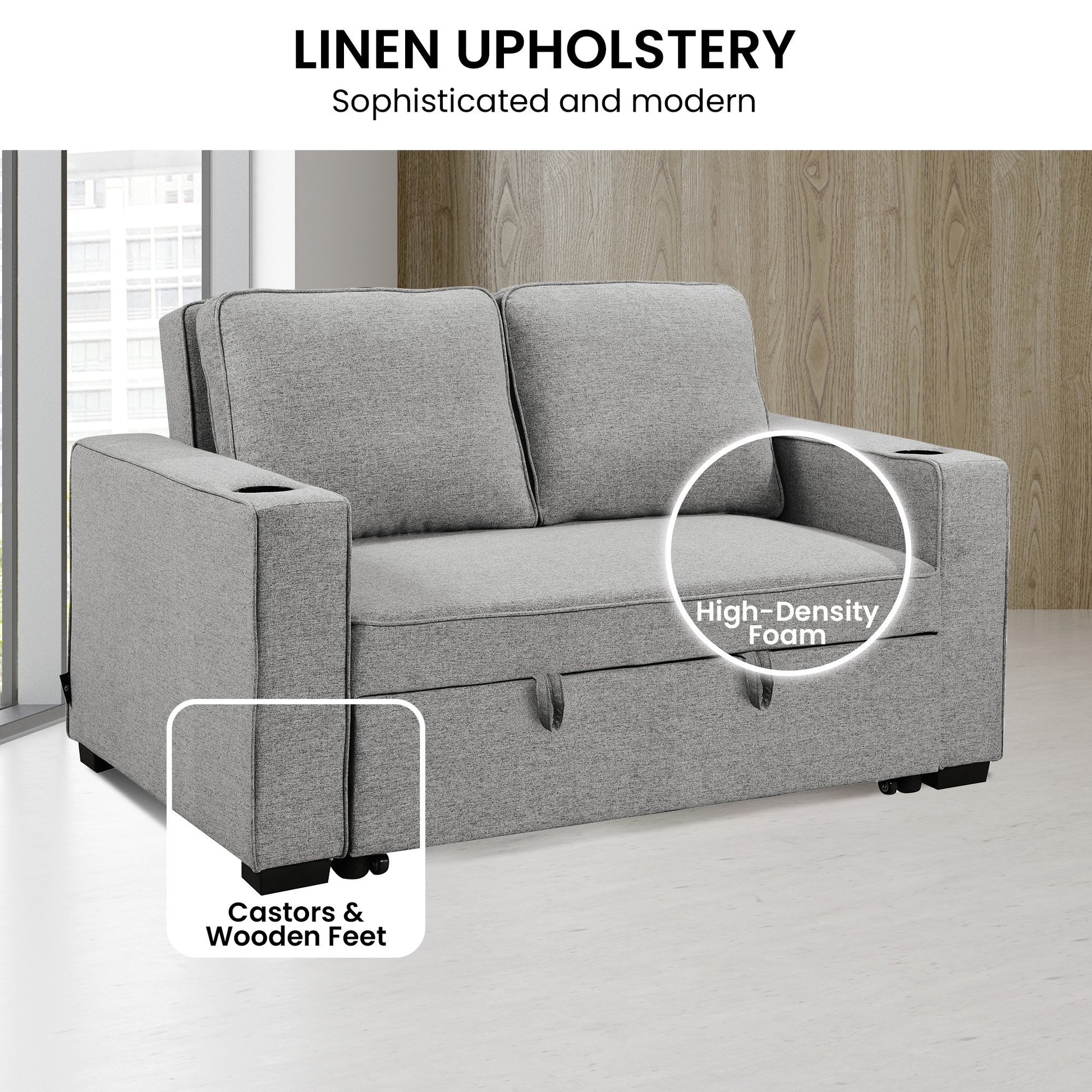Sarantino Hoffman Linen Sofa Bed Chair With Cushions &cup Holders Light Grey - Cosy Abode
