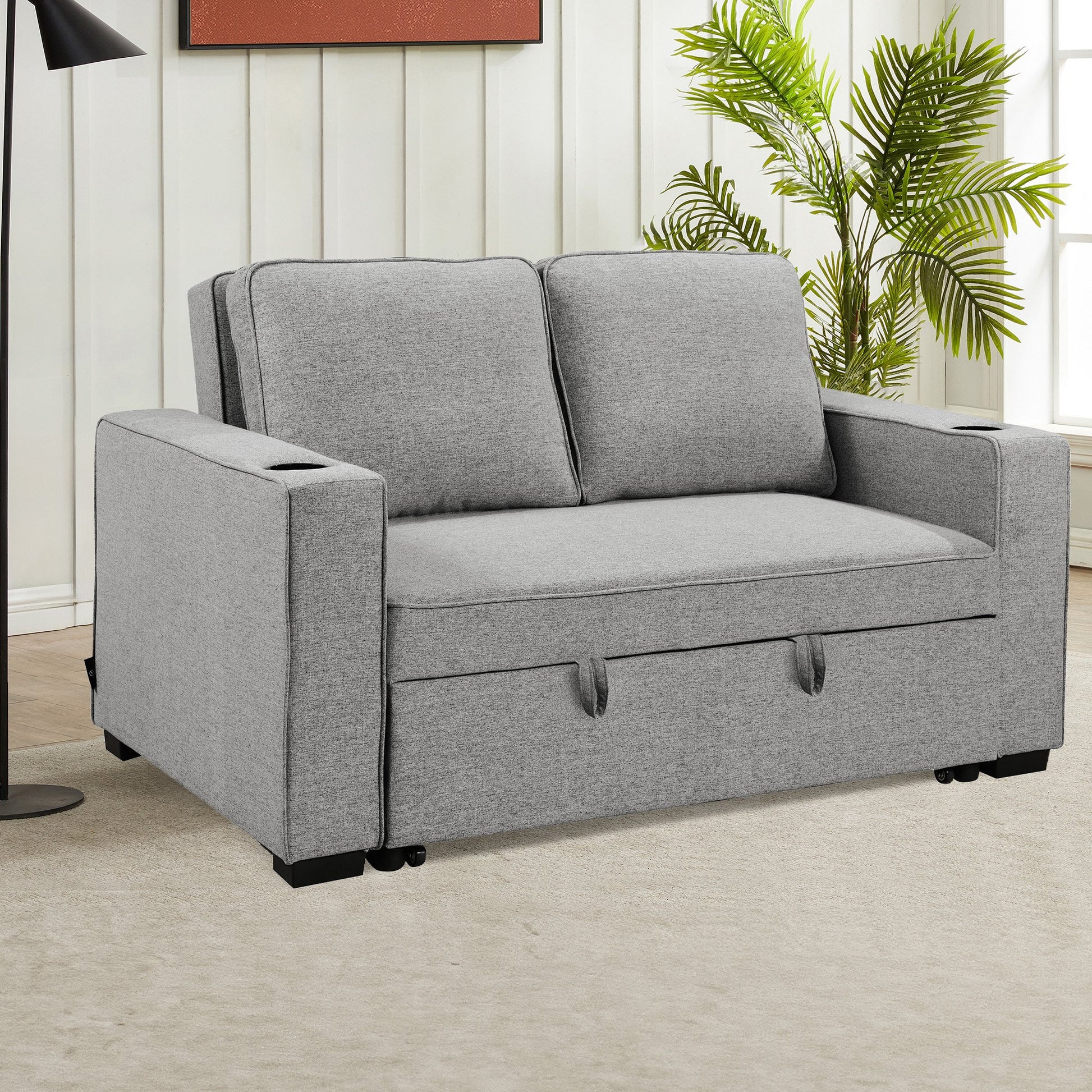 Sarantino Hoffman Linen Sofa Bed Chair With Cushions &cup Holders Light Grey - Cosy Abode