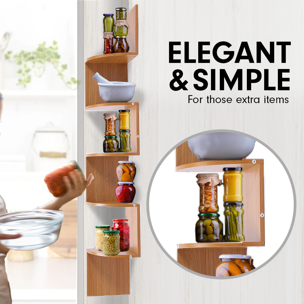 Sarantino 5 Tier Corner Wall Shelf Display Shelves Dvd Book Storag Rack Floating Mounted - Beech - Cosy Abode