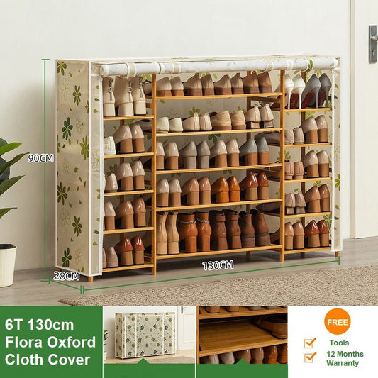 Flora Cover Six Tier Oxford Cloth Covered Tower Bamboo Wooden Shoe Rack Boot Shelf Stand Storage Organizer - Cosy Abode