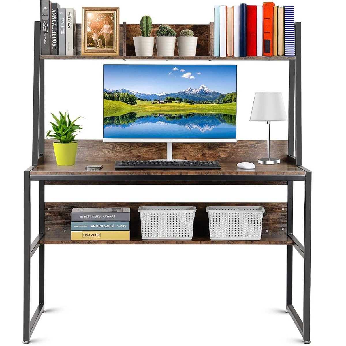 Computer Table Desk Book Storage Student Study Home Office Workstation with Bookshelf (Rustic Brown) - Cosy Abode