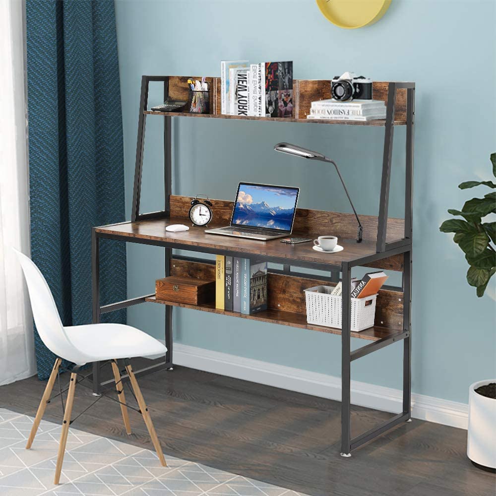 Computer Table Desk Book Storage Student Study Home Office Workstation with Bookshelf (Rustic Brown) - Cosy Abode