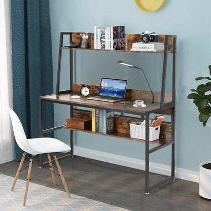 Computer Table Desk Book Storage Student Study Home Office Workstation with Bookshelf (Rustic Brown) - Cosy Abode