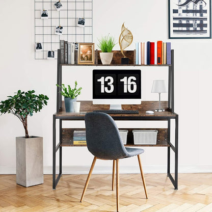 Computer Table Desk Book Storage Student Study Home Office Workstation with Bookshelf (Rustic Brown) - Cosy Abode