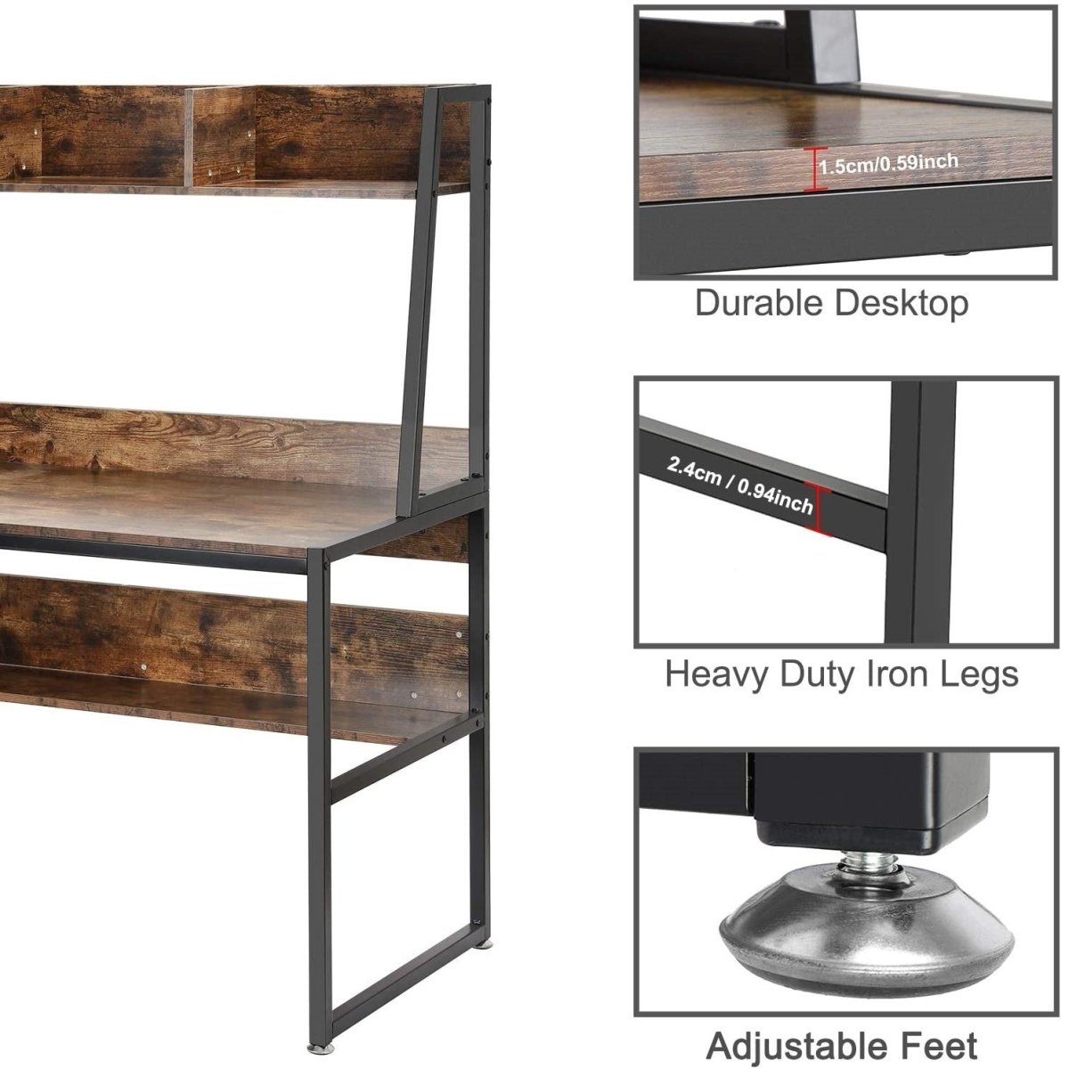 Computer Table Desk Book Storage Student Study Home Office Workstation with Bookshelf (Rustic Brown) - Cosy Abode
