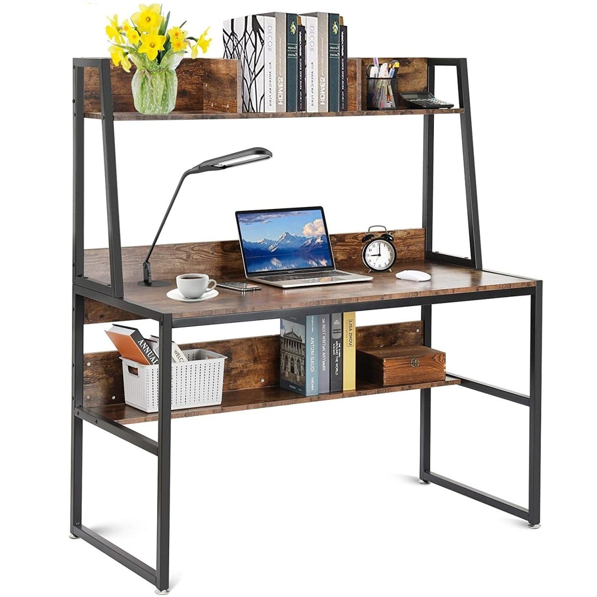 Computer Table Desk Book Storage Student Study Home Office Workstation with Bookshelf (Rustic Brown) - Cosy Abode