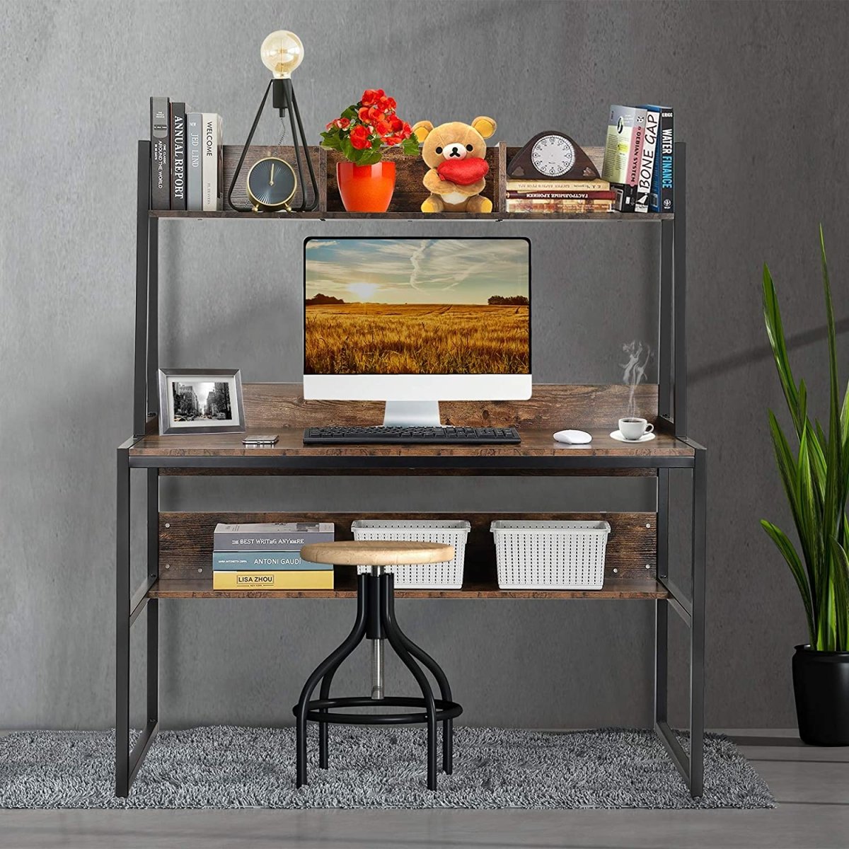 Computer Table Desk Book Storage Student Study Home Office Workstation with Bookshelf (Rustic Brown) - Cosy Abode