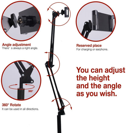 Hands Free Floor Stand Adjustable Bed Clip Holder For Tablet iPad iPhone 170cm White Black White - Cosy Abode