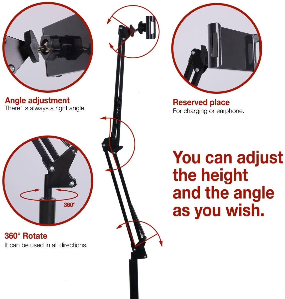 Hands Free Floor Stand Adjustable Bed Clip Holder For Tablet iPad iPhone 170cm - Cosy Abode