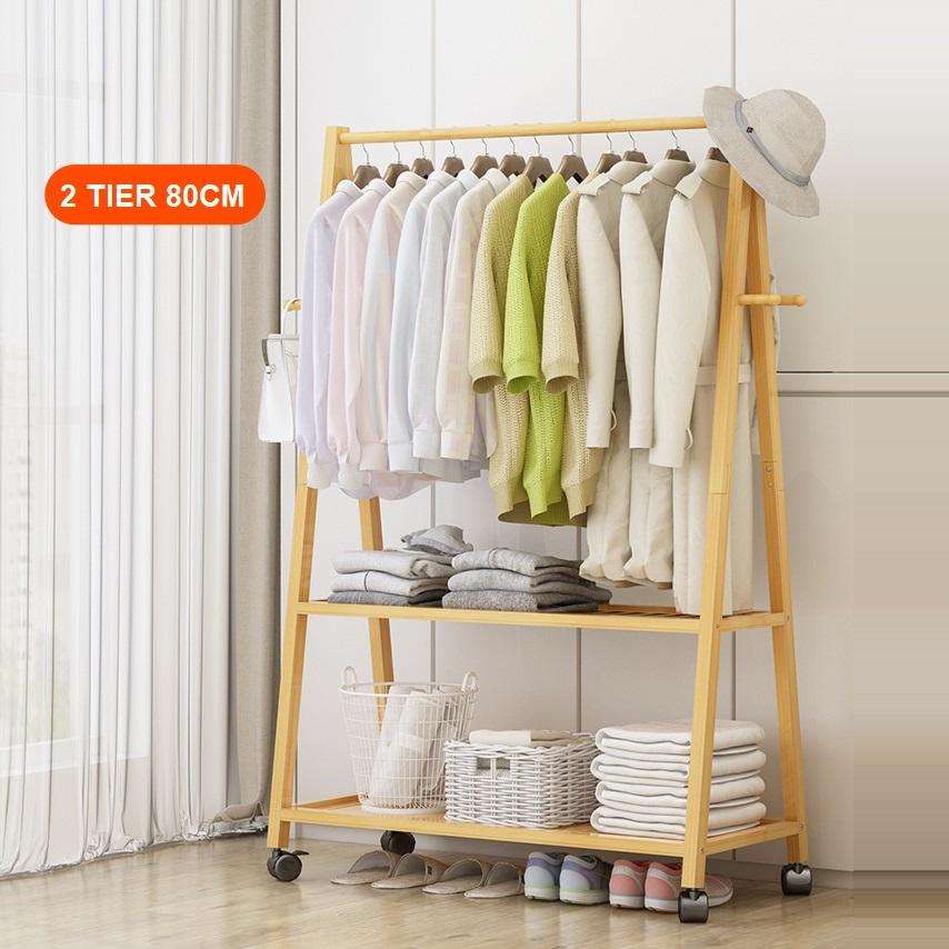 Rail Bamboo Clothes Rack Garment Hanging Stand 3 Tier Storage Shelves Closet 80cm Panel - Cosy Abode