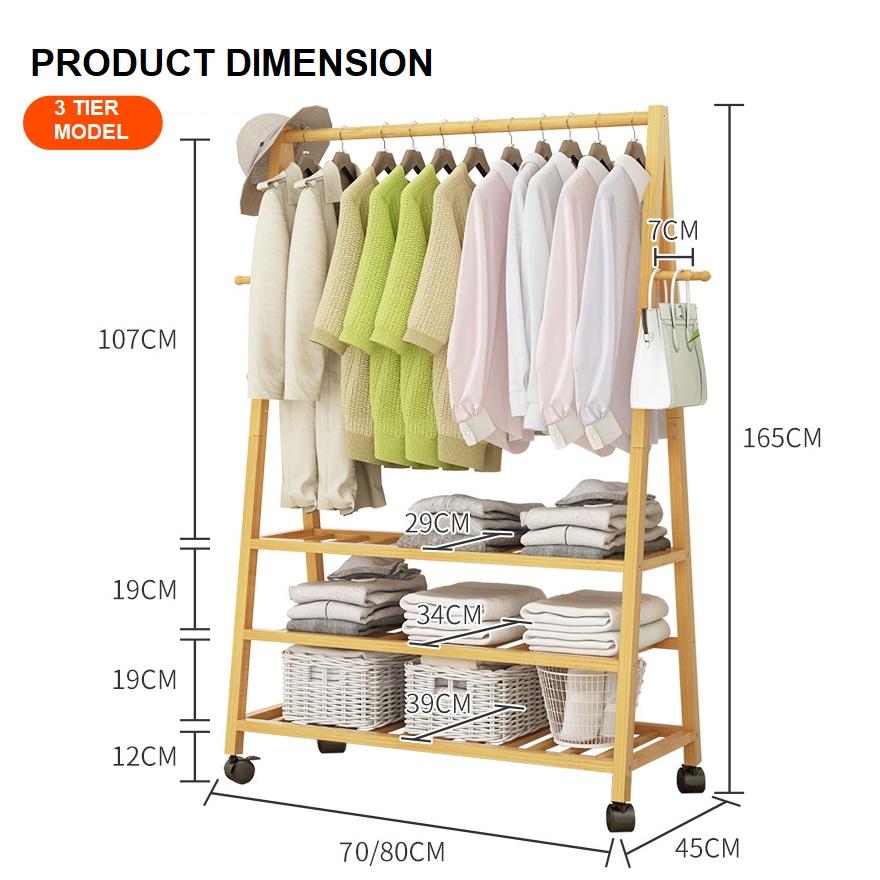 Rail Bamboo Clothes Rack Garment Hanging Stand 3 Tier Storage Shelves Closet 80cm Panel - Cosy Abode