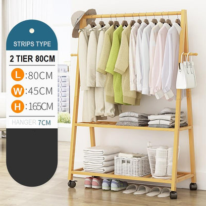 Rail Bamboo Clothes Rack Garment Hanging Stand 3 Tier Storage Shelves Closet 80cm Panel - Cosy Abode