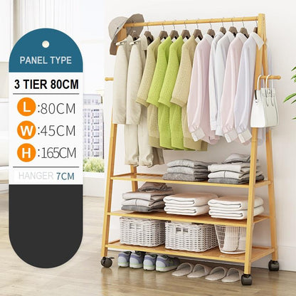 Rail Bamboo Clothes Rack Garment Hanging Stand 3 Tier Storage Shelves Closet 80cm Panel - Cosy Abode