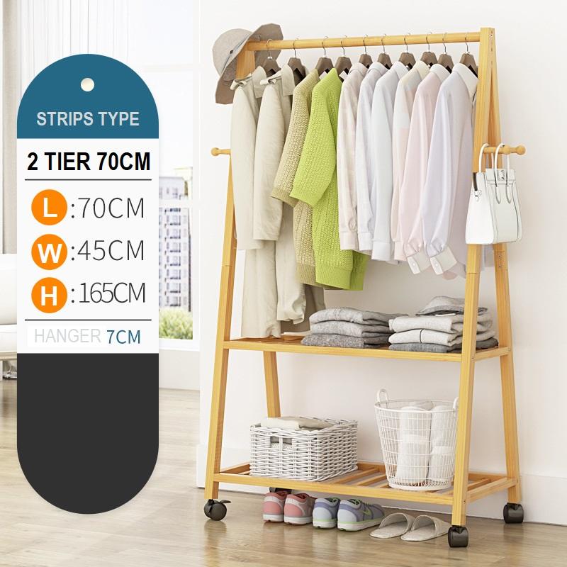 Rail Bamboo Clothes Rack Garment Hanging Stand 3 Tier Storage Shelves Closet 80cm Panel - Cosy Abode