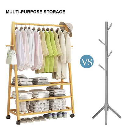 Rail Bamboo Clothes Rack Garment Hanging Stand 2 Tier Storage Shelves Closet 80cm - Cosy Abode