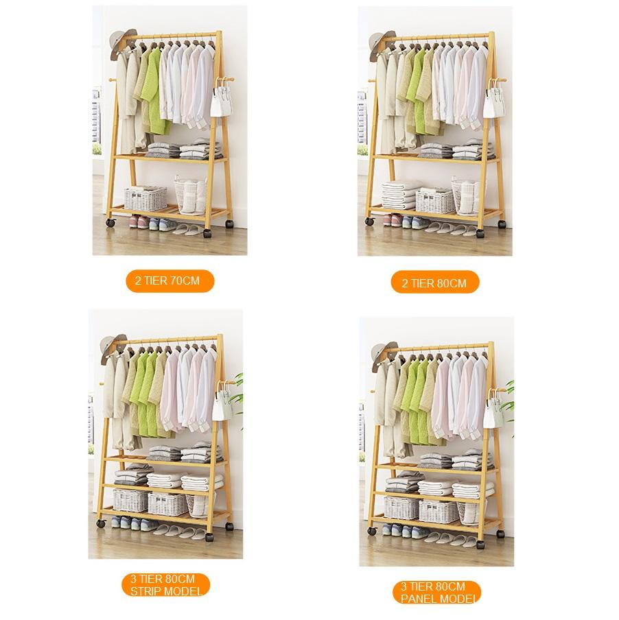 Rail Bamboo Clothes Rack Garment Hanging Stand 2 Tier Storage Shelves Closet 80cm - Cosy Abode