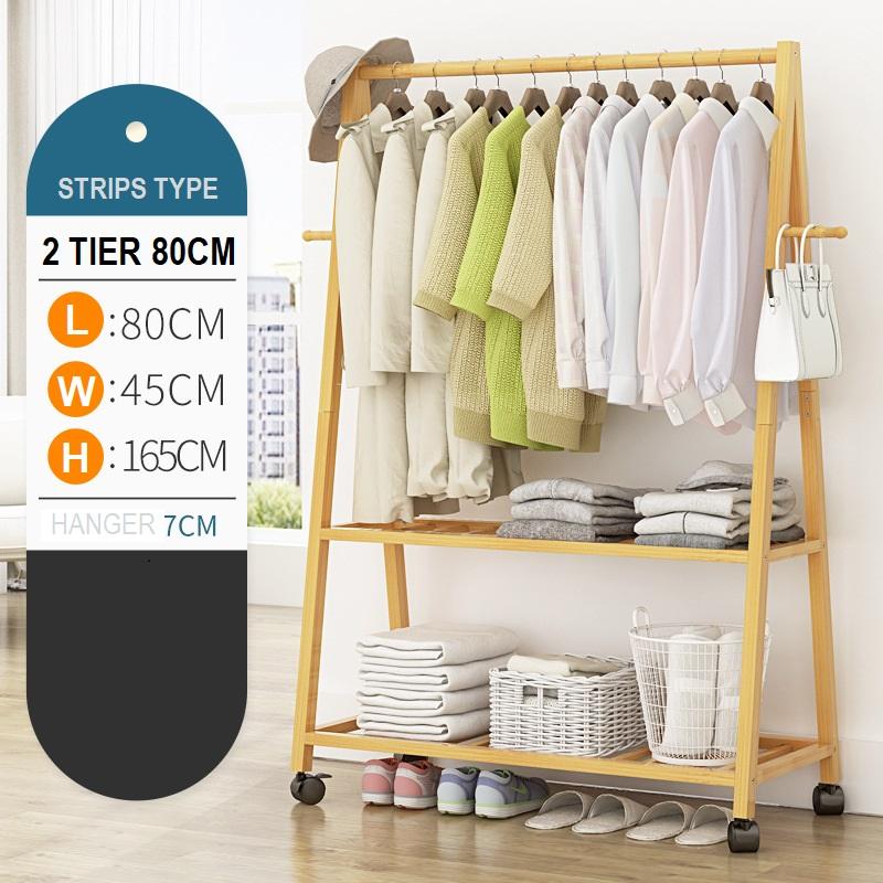 Rail Bamboo Clothes Rack Garment Hanging Stand 2 Tier Storage Shelves Closet 80cm - Cosy Abode