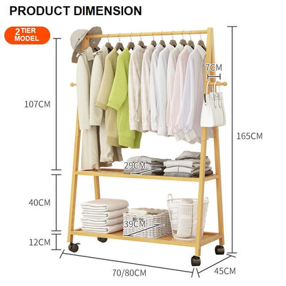 Rail Bamboo Clothes Rack Garment Hanging Stand 2 Tier Storage Shelves Closet 80cm - Cosy Abode
