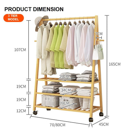 Rail Bamboo Clothes Rack Garment Hanging Stand 3 Tier Storage Shelves Closet 80cm - Cosy Abode