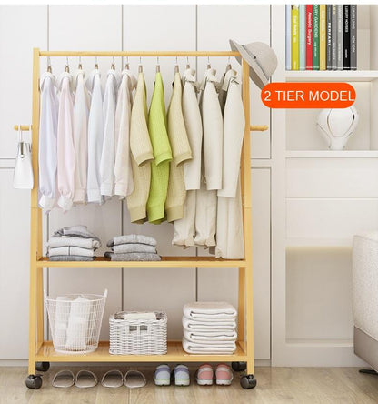 Rail Bamboo Clothes Rack Garment Hanging Stand 3 Tier Storage Shelves Closet 80cm - Cosy Abode
