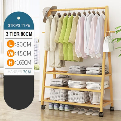 Rail Bamboo Clothes Rack Garment Hanging Stand 3 Tier Storage Shelves Closet 80cm - Cosy Abode