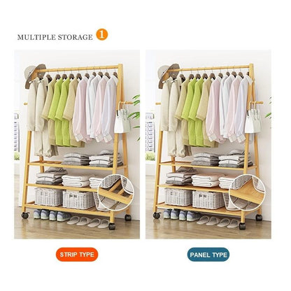 Rail Bamboo Clothes Rack Garment Hanging Stand 3 Tier Storage Shelves Closet 80cm - Cosy Abode